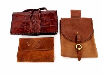 Lot Of 3 Pouches/hand Bag Including Leather Trifold Pouches, Leather Belt Pouches And Alligator Skin Hand Bag