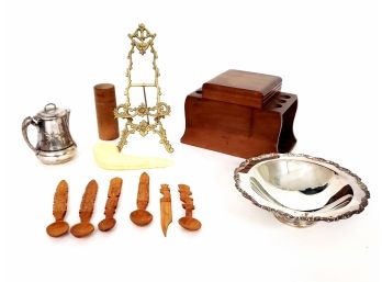 Mixed Lot Including WM Rogers Silver Plated Creamer Oneida Silver Plated Bowl Wood Pipe Stand And More