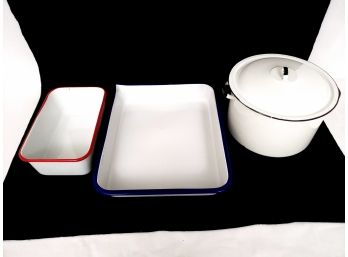 Enamelware Lot Including 2 Baking Pans 1 Large And Large Lidded Pot