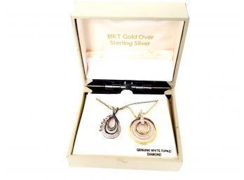 2 18kt Gold Over Sterling Silver Genuine White Topaz/diamond Necklaces New In Box