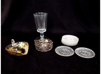 Mixed Glass Lot Including 2 Painted Trinket Trays Set Of 8 Pressed Glass Saucers And Large Short Stemmed Glass