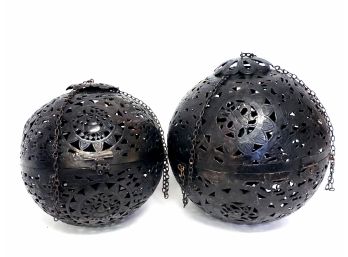 Amazing Pair Of Large Chinese  Brass Bronze Pierced Hanging Lanterns