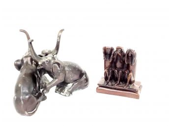 2 Statue Figurescarved Resin Hear No Evil Speak No Evil See No Evil Monkeys And Mixed Metal Elephants