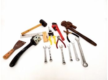 Mixed Tool Lot Including Various Size Wrenches Rubber Mallet Players And More