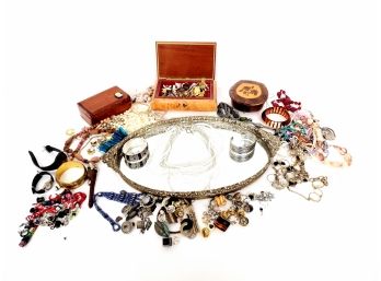 Large Mixed Lot Of Jewelry With Vintage Mirror Vanity Plate And 3 Jewelry Boxes Including Music Box