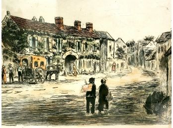 Colored Etching Of A French Inn In Barbizon France