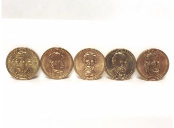 Collection Of 5 Presidential 1 Dollar Coins, Washington, Tyler, Lincoln, Garfield, Polk