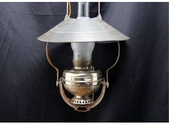 Antique Nickel Plated General Store Electrified Oil Lamp Ceiling Fixture ~ Complete W/Original Smoke Bell