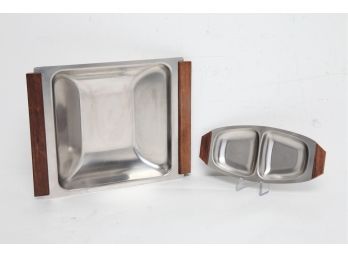 2 Vintage Mid Century Modern Walnut & Stainless Steel Divided Dish & Square Platter