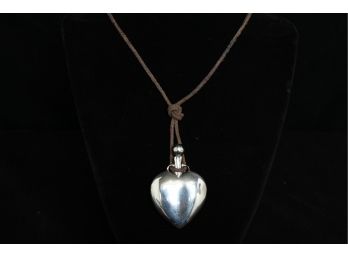 Sterling Silver Heart Shaped Perfume Bottle On Leather Necklace