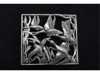 Large Vintage Artisan Made Pewter Brooch With Geese/ducks