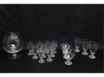 16 Piece Antique Etched Glassware W/Oversized Glass Whiskey Glass