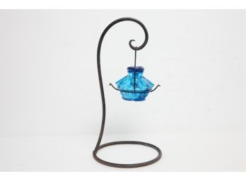 Vintage Blue Glass Hummingbird Feeder On Wrought Iron Stand