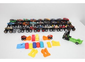 Lot 2 ~ 29 Die Cast Monster Jam 1:64 Scale Trucks With Ramps, Crush Cars, Etc.
