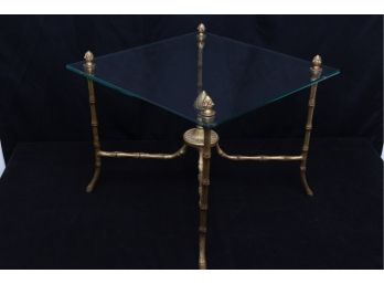 Vintage Glass Top Side Table W/Faux Bamboo Painted Metal Legs & Acorn Finials