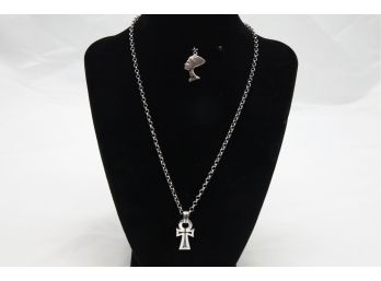 Sterling Silver Vintage Egyptian Ankh & Nefertiti Pendants With Sterling Chain