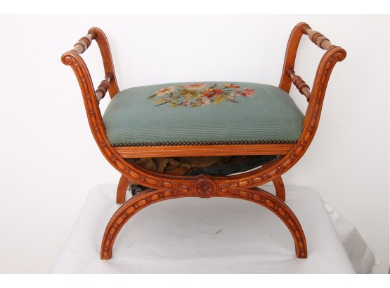 Antique Needlepoint Seat Carved Ornate Wooden Frame Bench Or Stool