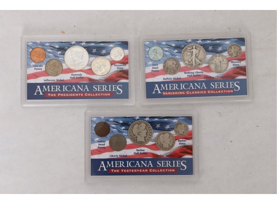 Group Of 3 American Series Coin Sets Includes Walking Liberty, Barber And Kennedy Half Dollar - Silver Coins