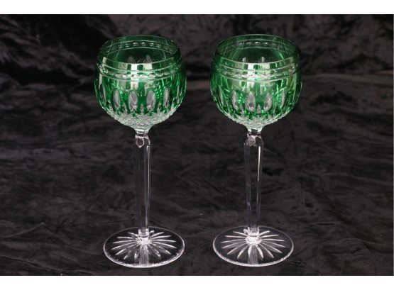 Pair Of Waterford Crystal Emerald Green Clarendon Cut To Clear Wine Glasses