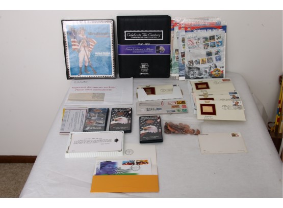 Group Of Vintage Postage Stamps 1st Day Issues, Empty Albums And Pressed Souvenir Pennies Coins