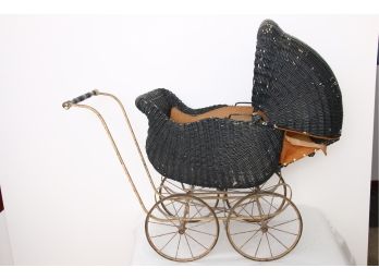 Antique Victorian Wicker And Metal Baby Stroller Doll Carriage Hooded