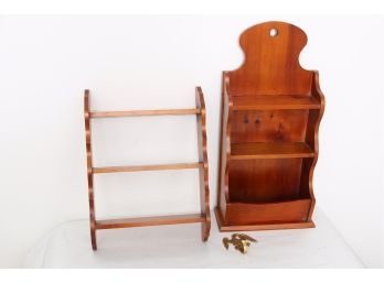 Pair Of Wooden Wall Shelves - One With Eagle Mounting Hook