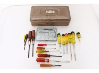 Group Of Various Screwdrivers With Metal Toolbox