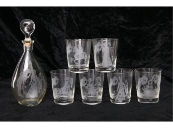 Vintage I.W Harper Etched Glass Decanter With Matching 6 Glasses - Mint