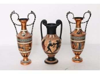 Group Of 3 Vintage Urns Hand Painted And Engraved Made In Greece