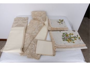 Stunning Group Of European Maltese Lace Tablecloth And Other Accessories