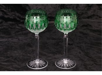 Pair Of Waterford Crystal Emerald Green Clarendon Cut To Clear Wine Glasses