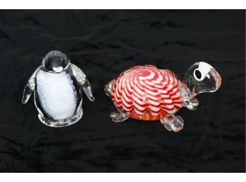 Pair Of FORNASA DE MURANO A L'INSEGNA DEL MORETO Murano Art Glass Figurines Of Turtle And Penguin