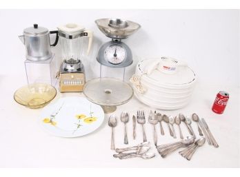 Vintage Group Of Kitchen Accessories Incl Silverplate Flatware, Scale, Osterizer Mixer, Nesco Food Dehydrator