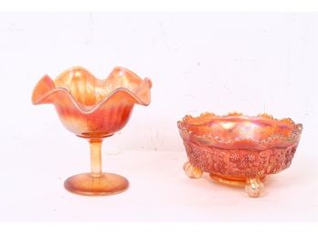 Pair Of Fenton Merigold Carnival Glass Compote & Footed Bowl - Holly Pattern And Butterfly & Berry