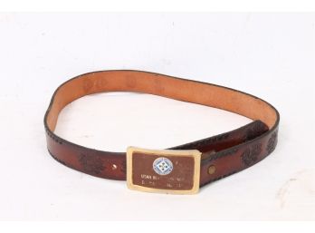 Vintage Leather Belt With Commemorative Belt Buckle D-Day Utah Beach France 6-6-44