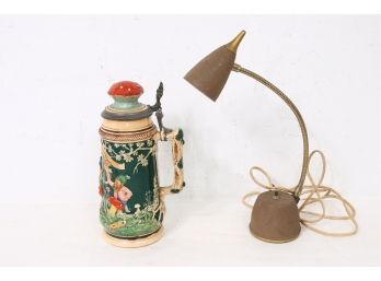 Vintage Industrial Gooseneck Desk Lamp & Beer Stein With Lid