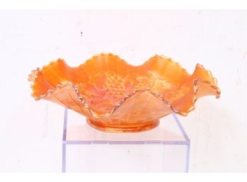 Fenton Carnival Glass Stag & Holly Marigold Footed Ruffled Bowl