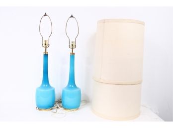 Pair Of Holm Sorensen Mid Century Turquoise Glass Lamps