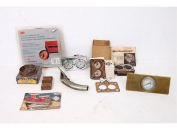 Group Of Vintage Automobile Parts Lot Incl 1953 Mercury Carb Parts, Gauges For Cars, Mini Supercharger & More