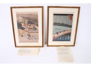 Pair Of Vintage Japanese Color Woodblock Art By Tosa Mitsuoki And Senka - With Notes