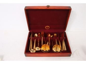Vintage Gold Tone Stainless 'TROCADERO' Flatware Set For 14 With Nakeen Wooden Case