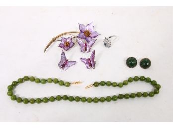 Group Of Costume Jewelry Incl 18k HGE Ring, Jade Necklace, TREASURE Butterfly Sterling & GF Brooch & Earrings