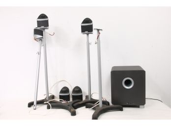 Mirage Nano Subwoofer And 5 Nanosat Satellite Speakers With Stands
