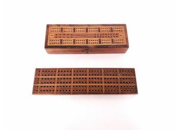 2 Vintage Inlaid Wood Cribbage Boards Including Cribbage Board Box With Cards And Pegs