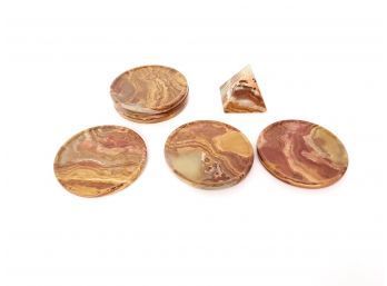 Set Of 6 Natural Polished Rock Coasters And Pyramid Paperweight