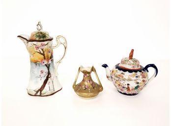 Nipon Hand Painted Ceramic Double Handled Small Vase And 2 Japan Ceramic Tea Pots