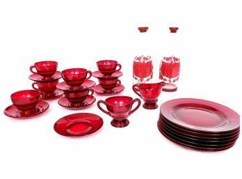 Red New Martinsville 'moondrops' Glass Plates, Cups Saucers, Decanters
