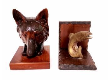 2 Vintage Bookends Including Hand Carved Wood Wolf Head And Wood And Brass Fish