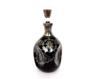 Vintage Black Toned Glass Decanter With Decorative Silver Toned Overlay