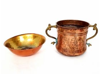 Copper Rosenthal Handled Pot And Hammered Copper Signed Bowl
